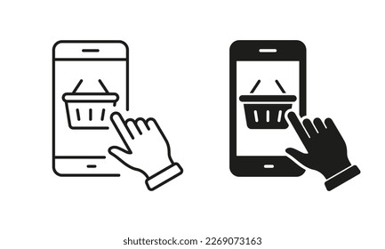 Online Shop in Mobile App Silhouette and Line Icon Set. Basket and Cellphone Pictogram. Smartphone and Shopping Cart Icon. Digital Shop in Smart Phone. Editable Stroke. Isolated Vector Illustration.