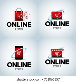 Online shop, mobile shop, online store logo set. Logotypes For business. isolated vector illustration.