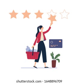 Online shop - modern flat vector illustration concept of woman shopping online Website interaction and purchasing process. Users and client users rate the product of Five stars rating concept.