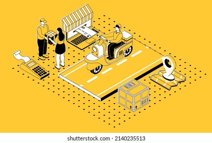 Online shop - modern line isometry design style illustration. Vector illustration