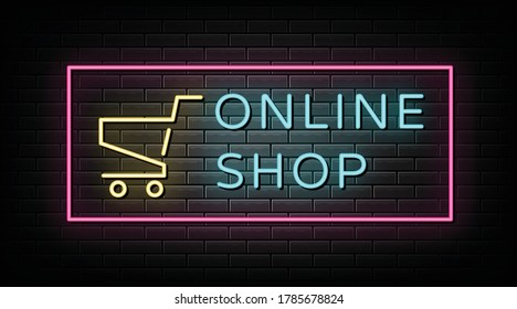 online shop neon signs vector. Design template neon sign