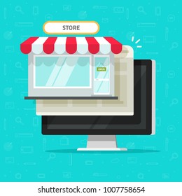 Online shop on computer vector illustration, flat cartoon desktop pc with internet on-line store and browser page window, idea of e-commerce storefront, web commerce, digital supermarket website