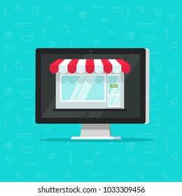 Online shop on computer vector illustration, e-commerce store, internet shop isolated, flat cartoon laptop as ecommerce on-line store facade building on screen, digital showcase on pc