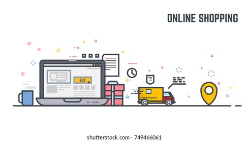 Online shop on laptop monitor. Buying things in online store, with gift and present, and fast delivery. E-commerce illustration. Linear modern, trendy vector banner.