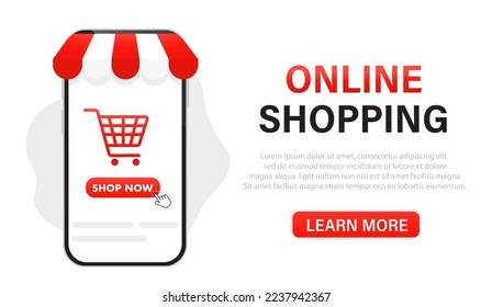 Tienda en línea sobre el concepto de vector de aplicaciones móviles. Marketing Digital, ¡Cómpralo ya! concepto de compras en línea, diseño web, banner, aplicación móvil. Ilustración del vector