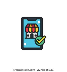 Online shop on mobile filled outline icons. Vector illustration. Isolated icon suitable for web, infographics, interface and apps.