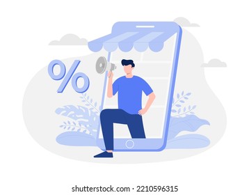 Online shop on a phone flat style, various shops, discounts, purchase of goods and gifts. Modern vector flat illustration.