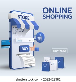 Online shop on smartphone mobile with a stack of shopping bag and sign says open hanging on a glass door. World wide trade connecting business technology concept.