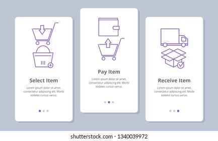 online shop onboarding mobile app design page screens with outline icon vector illustration, UI, UX template