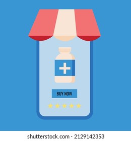 Online-Shop. Online bestellen. Smartphone-Bildschirm mit Online-Apotheke-App. Vektorflache Illustration.
