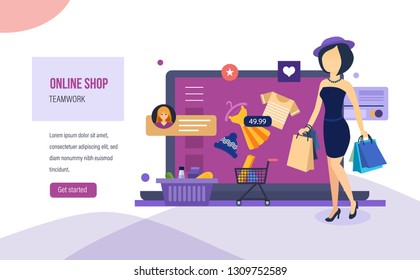 Online shop, ordering system of products, secure payment, e-commerce, buying on pos terminal in shop. Teamwork on customer service, technical support, online consulting. Vector illustration.