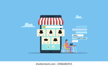 Online shop owner working on laptop to replay to messages. Entrepreneur small business, online shop concept.
