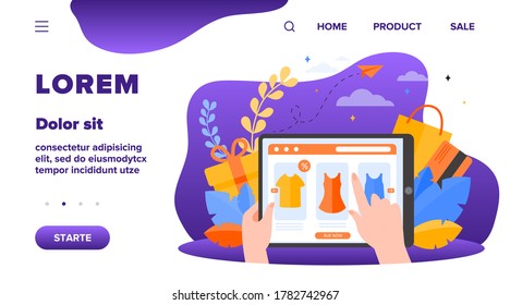 Online shop page on tablet flat vector illustration. Customer or buyer hands holding mobile device and choosing clothes. Commerce website and shopping concept