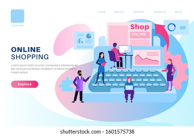 Online shop page. Store media modern design with shopping man and woman for web site of e-commerce smartphone apps vector concept