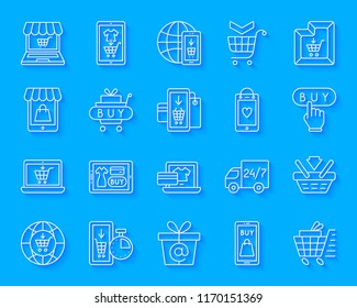 Online Shop paper cut line icons set. 3D sign kit of e-commerce. Internet Buy linear pictogram trade basket, customer support. Simple online shop vector paper carved icon shape. Material design symbol