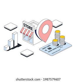 Online shop, payment by card, graph diagram. Vector 3d line isometric, color web icons, new flat style. Creative design idea for infographics.