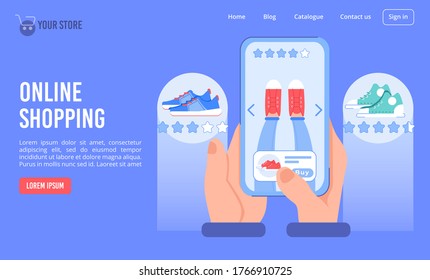 Online shop presentation landing page design. Internet shoe fashion boutique. Mobile application for e-order wireless purchase payment. Human hand holding smartphone. Person character buy trainers