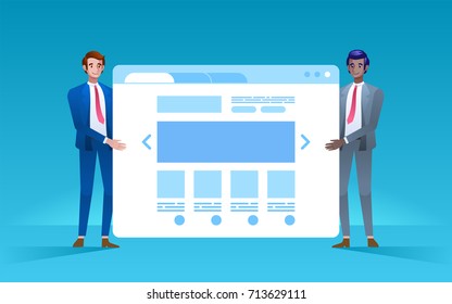 Online shop presentation. Two young businessman open online shop. Startup concept. Vector illustration