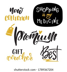 Online shop quotes set. Inspirational handwritten brush lettering. Vector calligraphy stock illustration isolated on white. Typography for banners, badges, postcard, t-shirt, prints.