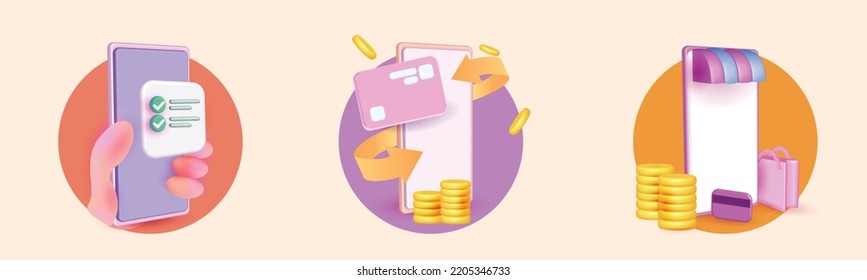 Online shop realistic vector icon set 3d render promotion, payment, card, Hand holding mobile in colorful smart phone app concept. web atm money