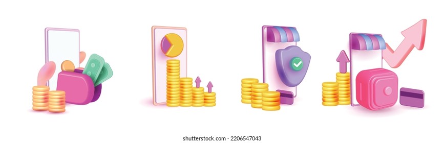 Online shop realistic vector icon set 3d render promotion, payment, card, Hand holding mobile in colorful smart phone app concept. web atm money