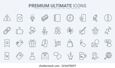 Online shop sales, commerce thin black line icons set vector illustration. Outline store and marketplace price tag, support service and commercial promotion, secure of checkout and delivery of boxes