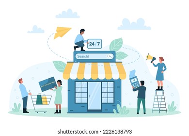 Online shop sales, ecommerce vector illustration. Cartoon tiny people order and buy with credit card, pay for purchases in mobile store app, customers search products in modern digital marketplace
