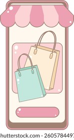 Online Shop Screen Displaying Shopping Bags. Cute and Simple Style.