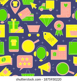 Tienda en línea con un patrón impecable en línea. Retroceso de fondo con símbolos de comercio electrónico. Fondos de pantalla para móviles o tiendas web. Ilustración vectorial.