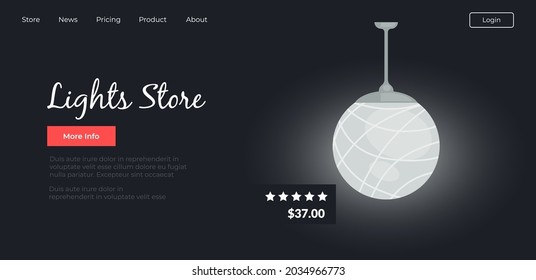 Online shop selling lamps and chandeliers in internet. Lights shop with rating and detail, reviews of clients and former customers. Website or webpage template, landing page flat style vector