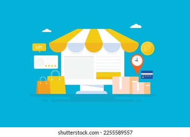 Online shop selling products, ecommerce website on computer screen, eCommerce application - vector illustration with icons