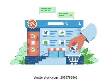 Online shop sells clothing stuff vector illustration. Hand put shoes in basket flat style. Online remote order, shopping, technology concept