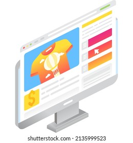Online shop service vector. 3d isometric computer icon screen with open homepage website isolated on white background