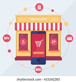 Online shop. Set of design vector illustration concepts of online shopping, mobile marketing and digital marketing.