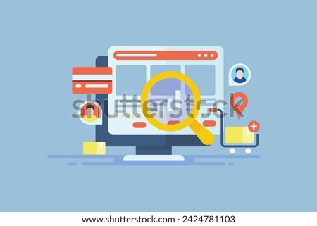 Online shop setup, ecommerce website, Online business using ecommerce platform, eCommerce analytics, Secure checkout and payment - vector illustration with icons