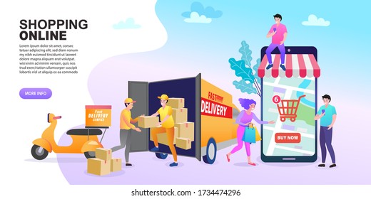 Online shop shipping service. People tracking their order in mobile delivery service. Vector illustration for web sites.