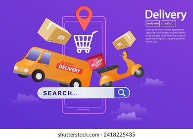 Online shop shipping service. People tracking their order in mobile delivery service. Ecommerce concept. Smartphone marketing and e-commerce. Vector illustration for web sites.