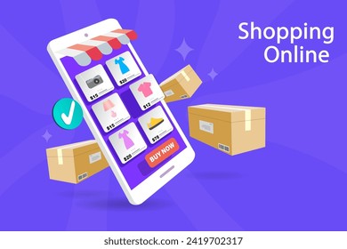 Online shop shipping service. People tracking their order in mobile delivery service. Ecommerce concept. Smartphone marketing and e-commerce. Vector illustration for web sites.