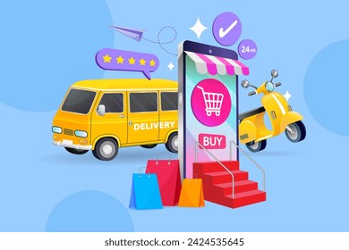 Online shop shipping service. People tracking their order in mobile delivery service. Ecommerce concept. Smartphone marketing and e-commerce. Vector illustration for web sites.