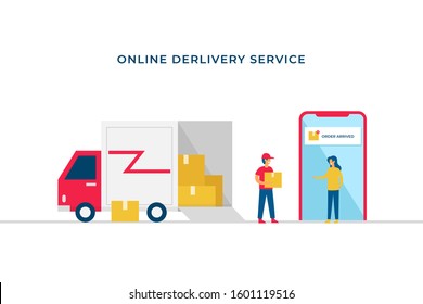 Online shop shipping service vector illustration concept design with open box delivery truck and courier man bring the shipment box to costumer in smartphone background with notification.