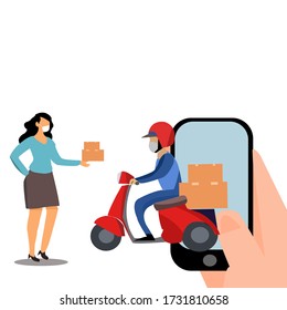 Online shop shipping service vector illustration concept design with open box delivery bike and courier man bring the shipment box to costumer in smartphone background with notification.