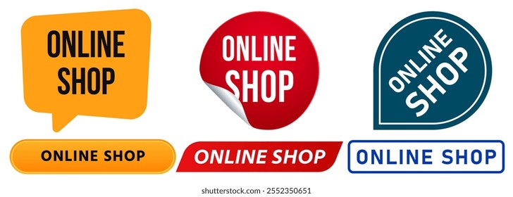 Online shop shopping buy sell delivery e-commerce selling purchasing website internet digital marketplace stamp colorful badges sticker label banner peeler emblem button design icon set collection