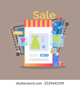 Online shop showcase with dress flat vector illustration. Gift boxes, money. E-commerce, shopping in internet, discount, sale, payment concept for banner or web design