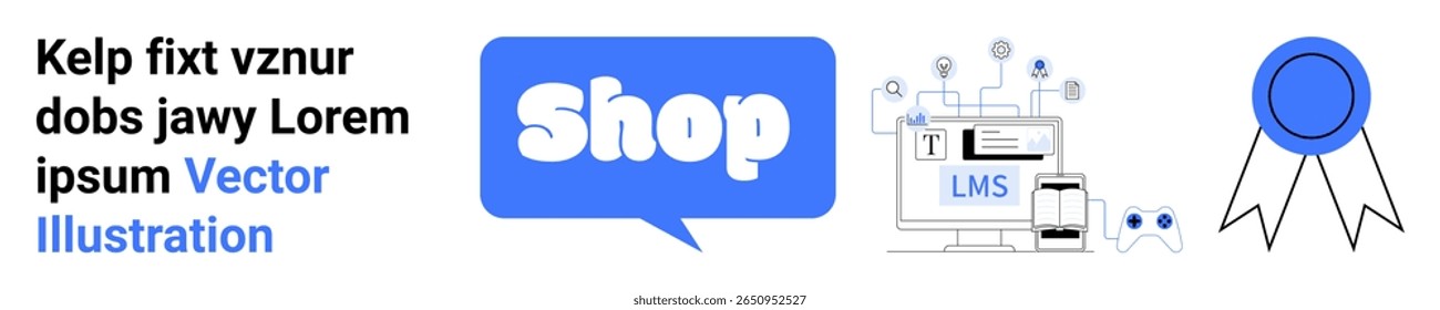 Sinal de loja on-line, sistema de gerenciamento de aprendizagem em uma tela de computador e uma fita azul. Ideal para compras on-line, plataformas de e-learning, conquistas digitais, certificação e educação tecnológica