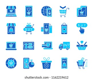 Online Shop silhouette icon set. Isolated on white sign kit of e-commerce. Internet Buy icons digital cart, tablet smartphone sell, coupon price search. Simple web store contour vector symbol