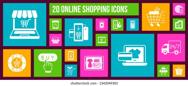 Online Shop silhouette icon set. Isolated sign kit of e-commerce. Internet Buy pictograms of trade basket, shopping bag, web store. Simple white contour symbol. On line Market button vector Icons