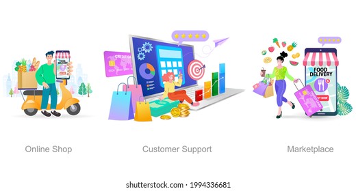Online shop smartphone app. Mobile based marketplace. Retail business cartoon icons set. Digital marketing and advertising. Commerce platform. Buy and sell products, startup launch. vector