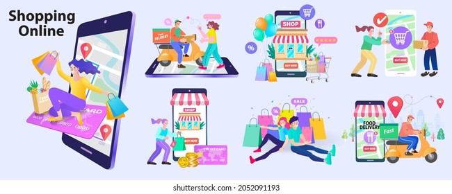 Online shop smartphone app. Mobile based marketplace. Retail business cartoon icons set. Digital marketing and advertising. Commerce platform. Buy and sell products, startup launch. vector