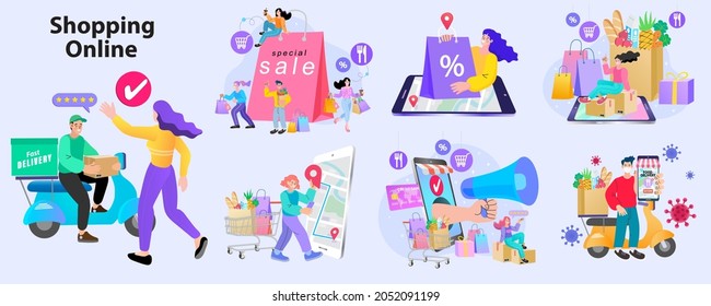 Online shop smartphone app. Mobile based marketplace. Retail business cartoon icons set. Digital marketing and advertising. Commerce platform. Buy and sell products, startup launch. vector