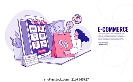 Online shop smartphone app. Mobile based marketplace. Retail business cartoon icons set. Digital marketing and advertising. Commerce platform. Buy and sell products, startup launch. vector 